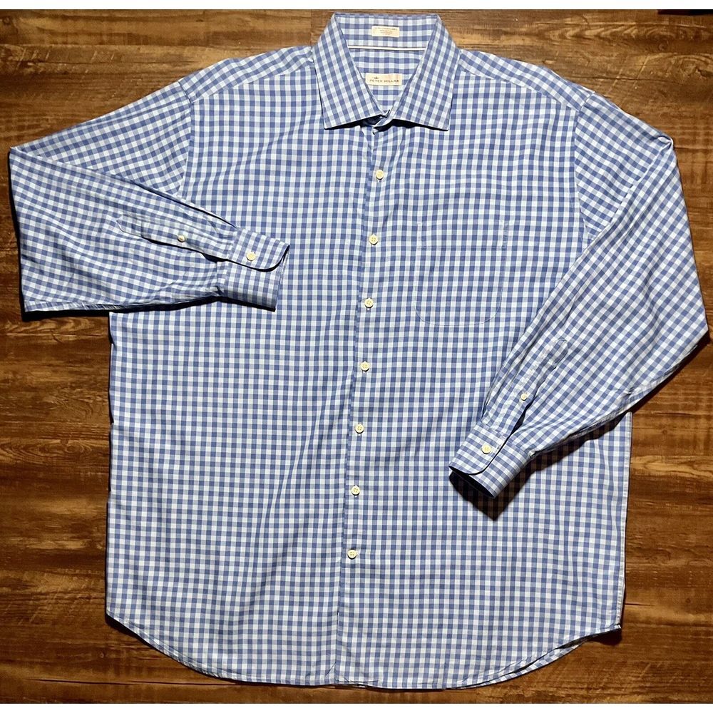 Peter Millar Shirt Mens XXL Blue Checked Plaid Preppy Dress Shirt 100% Cotton